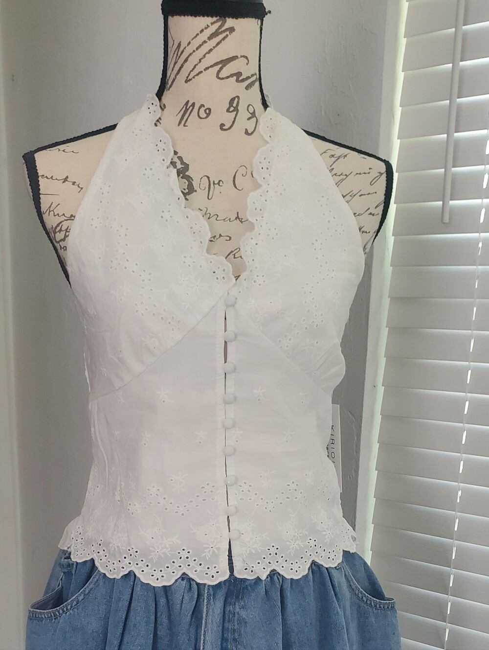 Kirious Los Angeles White Eyelet Halter Camisole with Scalloped Trim Cotton Top